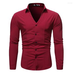 Camisas informales para hombre, moda de primavera 2023, Color sólido, cuello en V, manga para hombre, camisa ajustada con botones de negocios, Tops