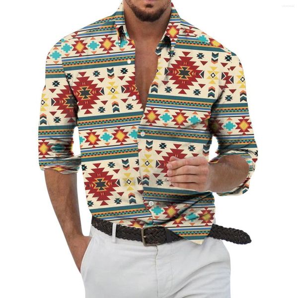 Chemises décontractées pour hommes Motif d'impression géométrique 3D pour hommes Printemps Été Chemise à manches longues Respirant Revers Button Design Formal Hawaiian