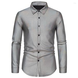 Chemises décontractées pour hommes Disco des années 70 Chemise bronzante brillante 2023 Marque à manches longues Costume d'Halloween Chemise Homme Performance sur scène