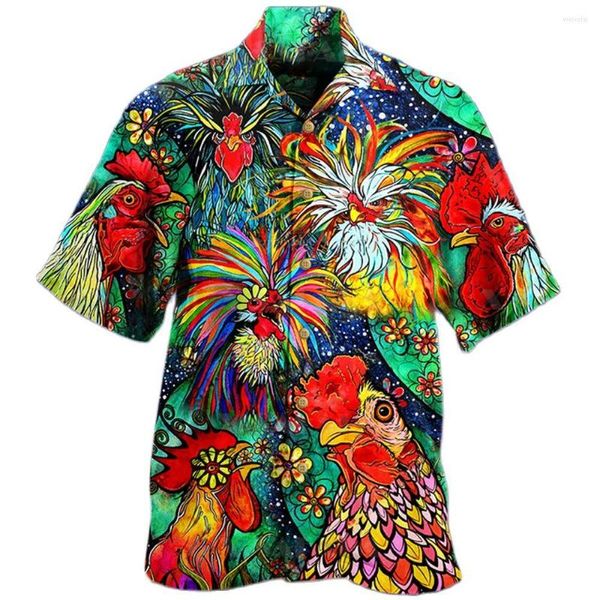 Camisas casuales para hombres, moda para hombres, gallo impreso en 3d para hombres, ropa hawaiana, manga corta, solapa de verano, Tops de un solo pecho, ropa