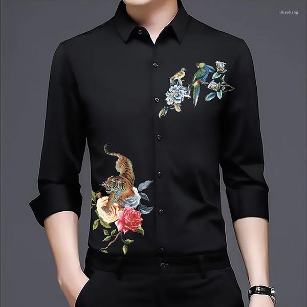 Camisas informales para hombre, moda masculina, estampado de primavera, ropa de flores de manga larga, vestido estampado de pájaros para hombre
