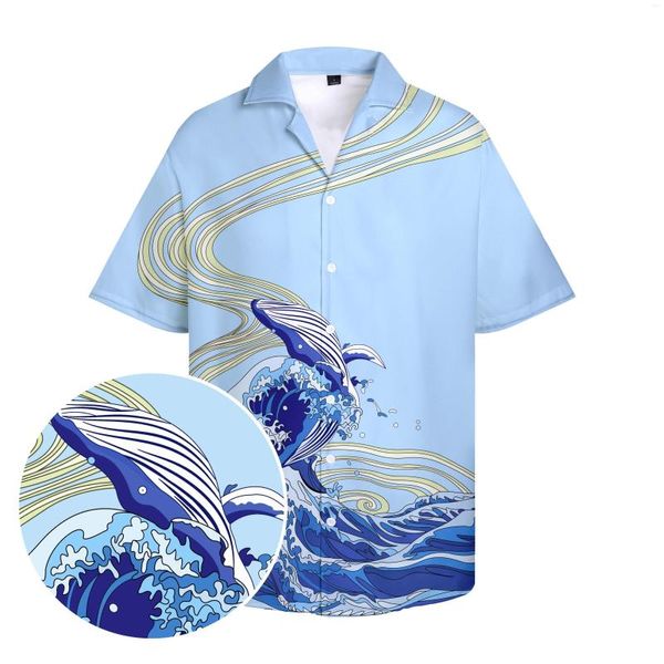 Chemises décontractées pour hommes Hommes hawaïens de style chinois imprimé bleu hauts vêtements Y2k boutonné été grande taille