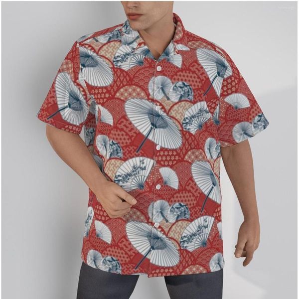 Camisas informales para hombre, camisa hawaiana para hombre, estampado de paraguas de papel de aceite, estilo étnico, playa, manga corta, verano, abotonada, Patchwork, rojo