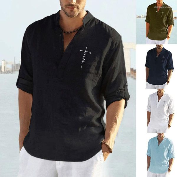 Camisas casuales para hombres Camisa de manga larga con cuello medio abierto para hombres Ropa suelta de algodón y lino Fábrica al por mayor Ropa