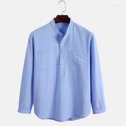 Chemises décontractées pour hommes Chemise en coton à manches longues pour hommes Col Mandarin Respirant Confortable Poche avant traditionnelle Bleu Henley