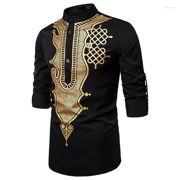 Camisas casuales para hombres Camisa Henley con estampado floral dorado de lujo de manga larga para hombres Estilo étnico Collar africano Dashiki