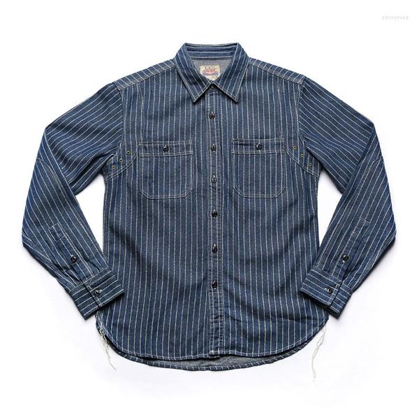 Chemises décontractées pour hommes Vêtements de travail à manches longues pour hommes Rayure bleu foncé American Retro Amekaji Imprimé Coton Épaissi Chemise Slim Fit