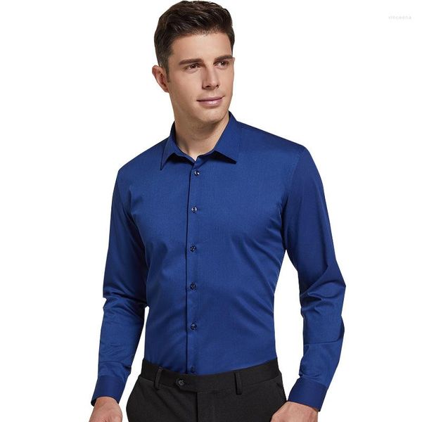 Camisas informales para hombre, vestido elástico de fibra de bambú de manga larga para hombre, camisa Formal de lujo Social de negocios sin hierro para hombre de colores puros