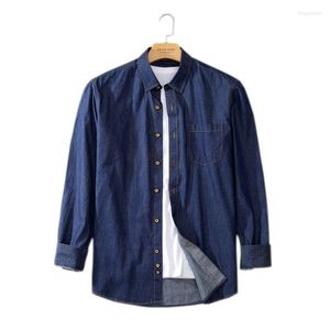 Chemises décontractées pour hommes Hommes à manches longues Solid Blue Denim Printemps Automne Poche Chemise Coton Coréen Mode Jean Tops Vêtements
