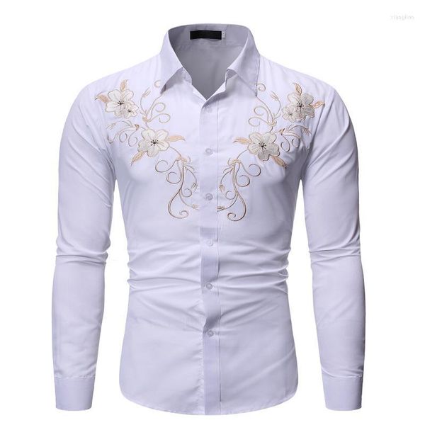 Chemises décontractées pour hommes Chemise à manches longues pour hommes Style britannique Jeunesse Broderie Revers Équipée Blanc Noir Designer