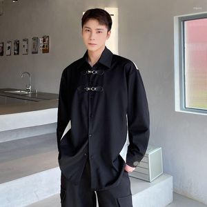 Casual shirts voor heren heren niche metalen lederen knop zwart witte splitsing lange mouw revershemd mannelijk Japan Harajuku mode donker los