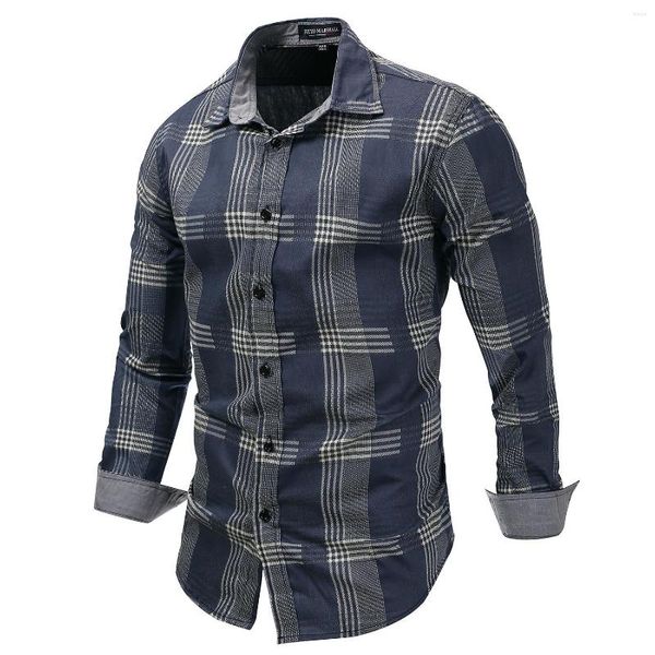 Chemises décontractées pour hommes Grande taille à manches longues en denim délavé à carreaux chemise ample assortie pour homme