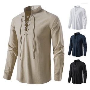 Casual shirts voor heren heren retro bandage stijl lange mouwen met lange mouwen top middeleeuwse veterkraag shirt zwart witte massieve mannelijke kleding