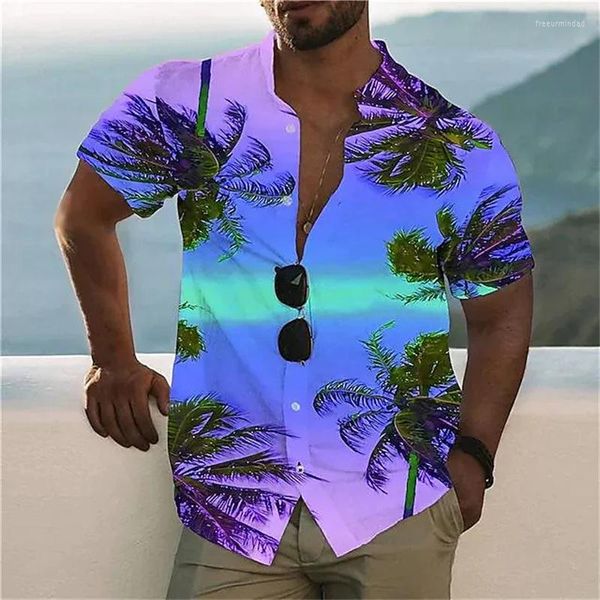Camisas informales para hombre, camisa para hombre, estampado gráfico de coco hawaiano, cuello levantado, rosa, gris, playa, manga corta, ropa con botones.