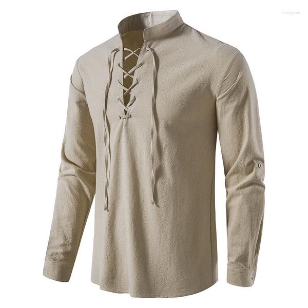 Chemises décontractées pour hommes chemise pour hommes à manches longues couleur unie coton lin Blouse hommes Vintage printemps automne respirant col montant homme