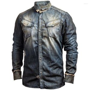 Casual shirts voor heren heren single breasted rapel denim uit het deler lente herfst lange mouw zakken polo mode mannen jas top