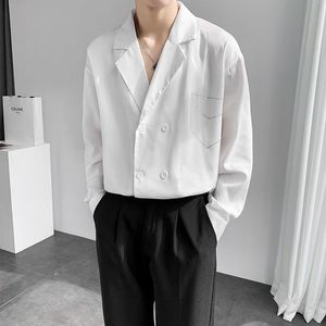 Camisas informales para hombre, Camisa de manga larga de Color sólido para hombre, traje con cuello de doble botón, puño francés a la moda, Camisa Masculina blanca/negra para hombre