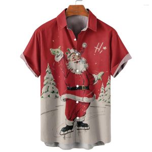 Camisas informales para hombre, ropa de verano para hombre, camisa roja holgada de manga corta con estampado 3D, botón de solapa hawaiano versátil para vacaciones de Navidad