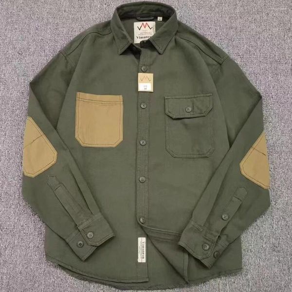 Hommes chemises décontractées hommes armée militaire manches Patch lavé Grain tissé coton Long Safari rétro vert Style japonais goutte