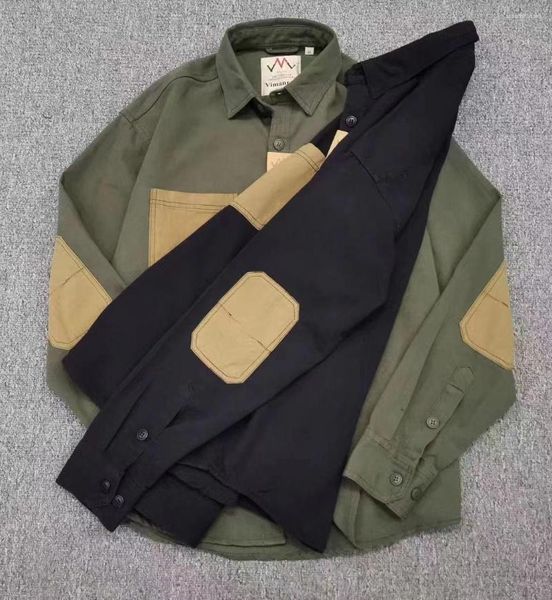 Hommes chemises décontractées hommes armée militaire manches Patch lavé Grain tissé coton Long Safari rétro noir Style japonais goutte