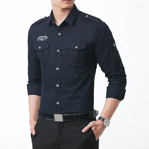 Camisas casuales para hombres Hombres Soldados del ejército Camisa táctica militar Masculina Manga larga Multi-bolsillo Slim Fit Transpirable Algodón puro Trabajo Tops