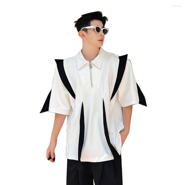 Camisas casuales de los hombres Hombres Negro Blanco Empalme Moda Causal suelta Camiseta de manga corta Net Celebrity Modelado Etapa Show Traje Vestido masculino