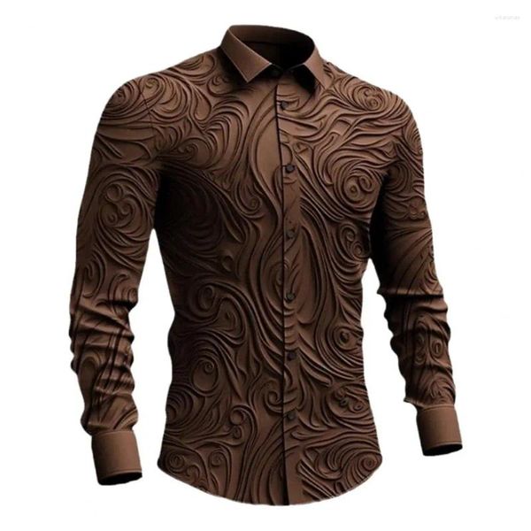 Camisas casuales para hombres Camisa de negocios para hombres Impresión 3D Cuello vuelto Manga larga Color sólido Retro Un solo pecho Slim Fit Suave Transpirable Medio