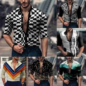 Chemises décontractées pour hommes Hommes Button Down Muscle 3D Print Slim Fit Shirt Party Long Sleeve Vintage Dress Boutique Fashion Chemises élastiques pour hommes L230721