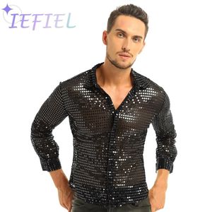 Chemises décontractées pour hommes Hommes Casual Slim Fit Brillant Paillettes d'or Voir à travers la chemise en maille Tops de bal Night Club Wear Disco Shirt Dance Performance Tops 231130