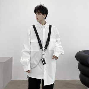 Camisas informales para hombre, camisa holgada de manga larga con correas de cuero y cadena para hombre, ropa de calle Harajuku japonesa, ropa de escenario en blanco y negro de Hip Hop