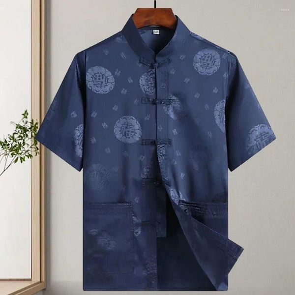 Chemises décontractées pour hommes Hommes Style chinois Tops Col montant Année Traditionnelle Tang Chemise À Manches Courtes Simple Boutonnage Fu Caractère Imprimer Pour