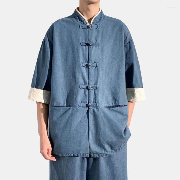 Chemises décontractées pour hommes hommes chinois vintage splice en denim denim lâche collier collier de support d'été plus taille de taille pour la chemise manuelle