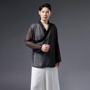 Hommes chemises décontractées hommes vêtements 2023 noir Style chinois en mousseline de soie Hanfu veste col montant jeunesse coton lin Camisas Para Hombre