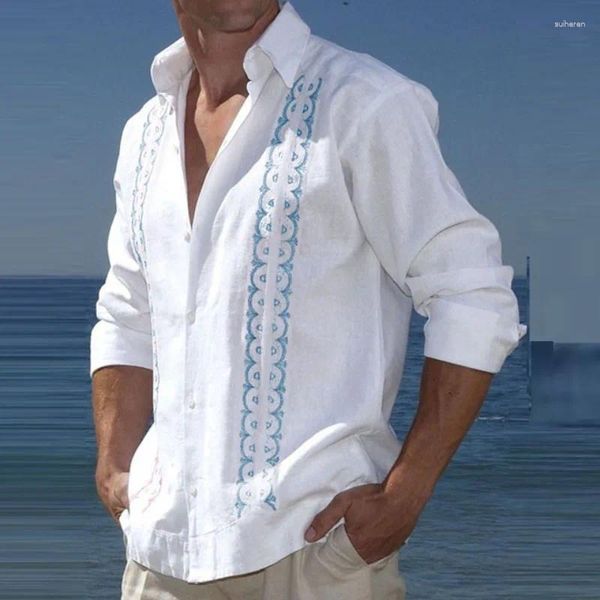 Camisas casuales para hombres Ropa para hombres 2023 Botón de moda Blusa de cuello vuelto Blusa de vacaciones Playa Impreso Top Primavera Camisa de lino de algodón