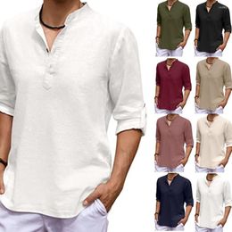 Camisas casuales para hombres Hombres Blusa de lino de algodón Tops Verano Turn Down Collar Media manga Botón Jersey Suelto
