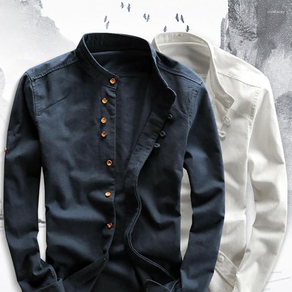 Hommes chemises décontractées hommes coton lin chemise formel rétro Style chinois à manches longues col Mandarin doux confort vêtements 7XL