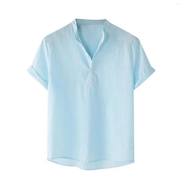 Chemises décontractées pour hommes Chemise en coton et lin coupe ajustée à manches courtes vêtements pour hommes col en V chemisiers boutonnés été couleur unie Chemise