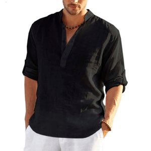 Casual shirts voor heren heren katoen linnen t-shirts zomer v kraagloze lange mouw solide zand strandkleding kantoor man tee shirt tops bsdfs-zt167 230519