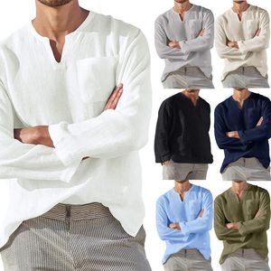 Chemises décontractées pour hommes Hommes Coton Lin Tops Automne Solide Manches longues Col V Pull Plus Taille Chemise surdimensionnée