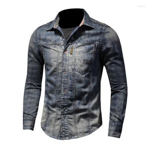 Chemises décontractées pour hommes Hommes Denim Patchwork Vintage Manches longues Check Print Jean Shirt Punk