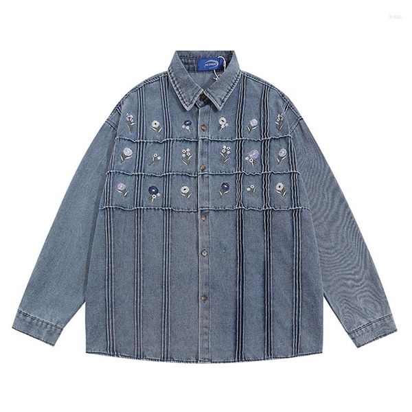 Hommes Chemises Décontractées Hommes Denim Chemise Manteaux Streetwear Harajuku Lettre Patch Designs Broderie À Manches Longues Jean Mode Coton Tops Bleu