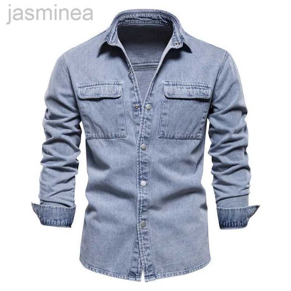 Chemises décontractées pour hommes chemises de jean hommes vestes masculines bleu clair décontracté couches denim en jean veste homme streetwear chemises à manches longues taille xxl 2449