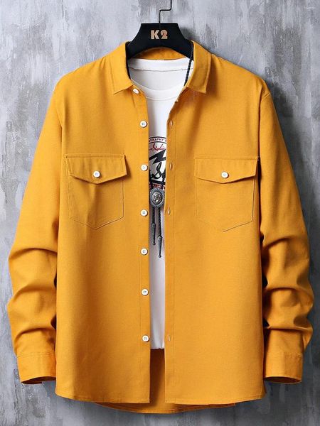 Camisas casuales para hombres Hombres Doble Flap Pocket Business Manga larga Vintage High Quanlity Mostaza Botón Amarillo Camisa