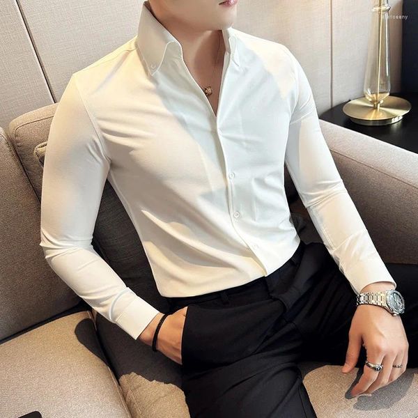 Camisas casuales para hombres Camisa de vestir para hombres 2024 Otoño Camisas de manga larga Moda de negocios Masculino Sólido Estilo británico Blanco Ropa negra