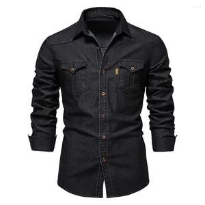 Chemises décontractées pour hommes Hommes Coton élastique Denim Mâle Noir Manches longues Qualité Cowboy pour Slim Fit Mens Designer Vêtements