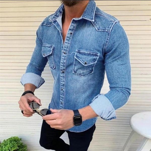 Hommes chemises décontractées hommes mode Denim chemise poches col rabattu à manches longues vêtements d'extérieur boutons minces Cowboy hommes vêtements