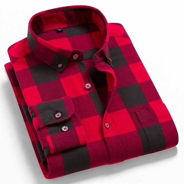 Camisas casuais masculinas masculinas flanela xadrez 100% algodão primavera outono manga longa macio conforto estilo slim fit marca para homem plus 221105
