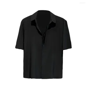 Chemises décontractées pour hommes chemises formelles masculines cardigan de soie glaciaire élégante avec boutons cachés collier de red-down for Business Office Wear Short