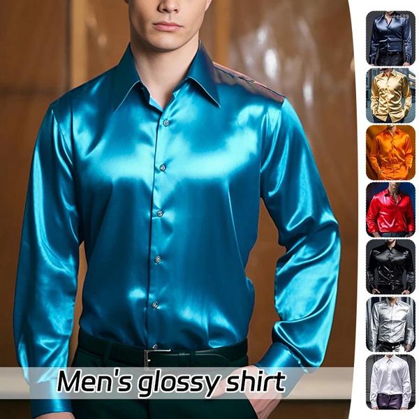 Chemises décontractées pour hommes Hommes Brillant Satin Soie Chemise Robe De Luxe À Manches Longues Boutonné Blouse Mâle Mariage Business Party Tops