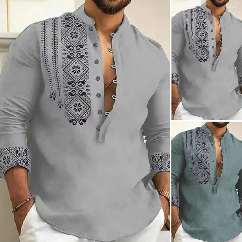 Men's Casual Shirts Men Half Single-breasted Shirt Retro Print Vintage Ethnic Style Slim Fit Long Sleeve Pullover Stand For Spring